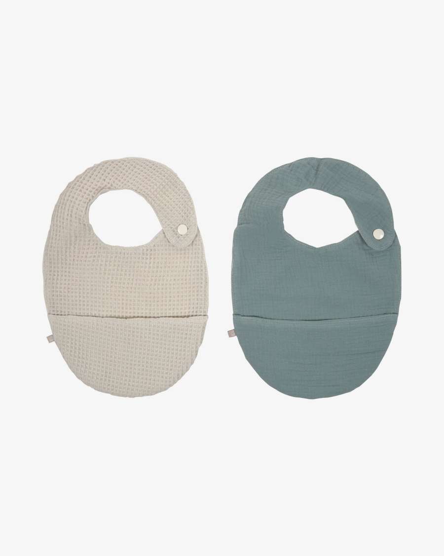 Set of two 100% organic cotton (GOTS) Lupe bibs in beige and turquoise