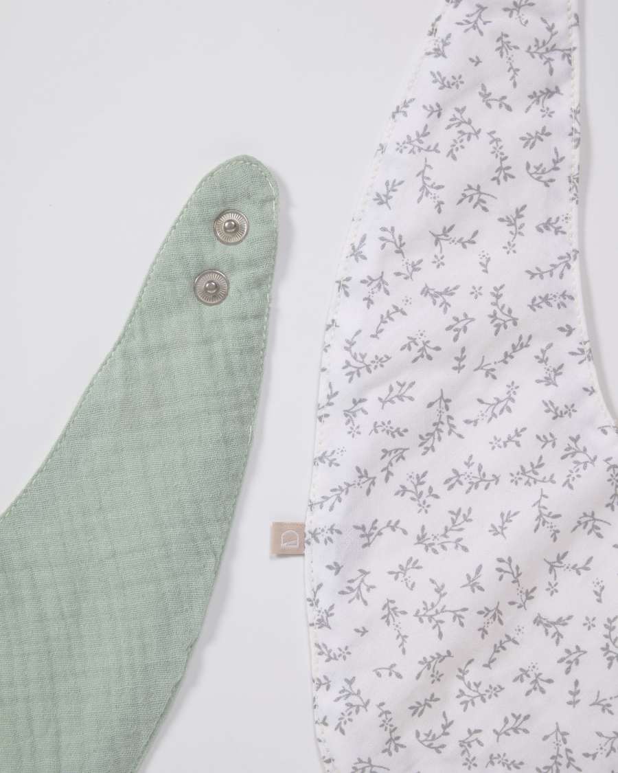 Yamile Set aus 2 Bandanas 100% Bio-Baumwolle (GOTS) türkis und weiß mit grauen Blättern