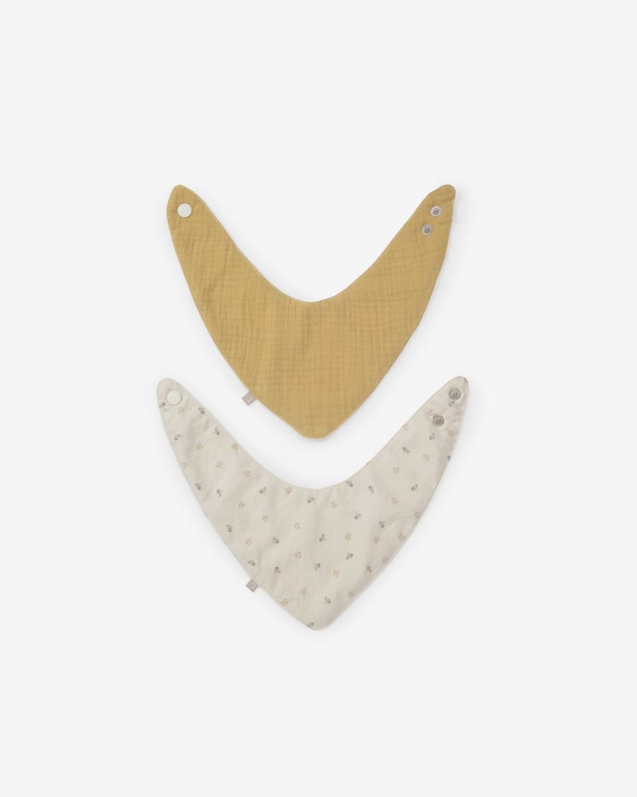 Yamile Set aus 2 Dreieckstuch 100% Bio-Baumwolle (GOTS) Senf und Beige mit bunten Blättern