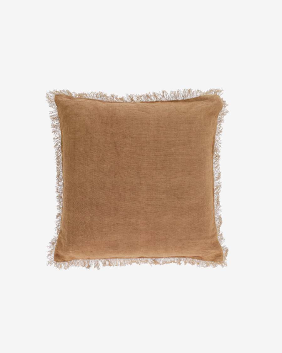 Almira brown cotton and linen cushion cover with fringe 45 x 45 cm