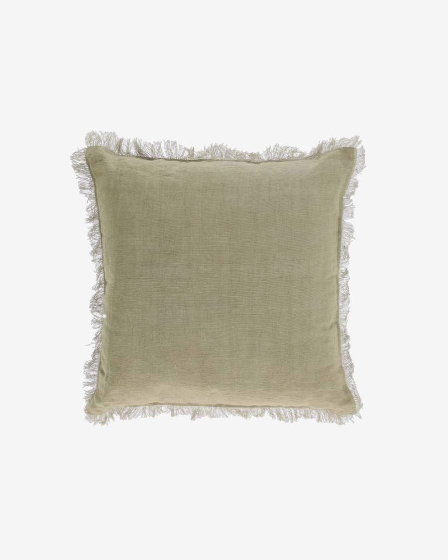 Almira green cotton and linen cushion cover with fringe 45 x 45 cm