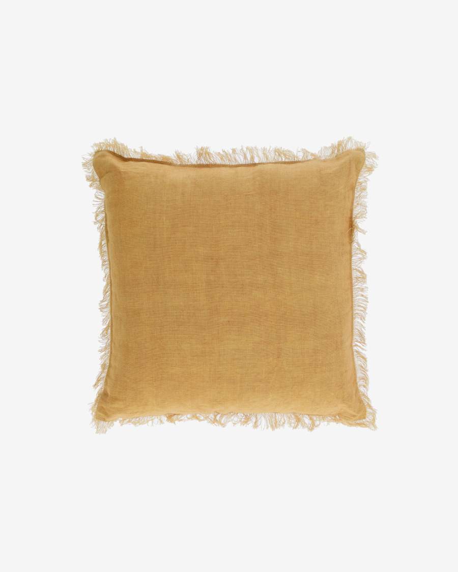 Almira mustard cotton and linen cushion cover with fringe 45 x 45 cm
