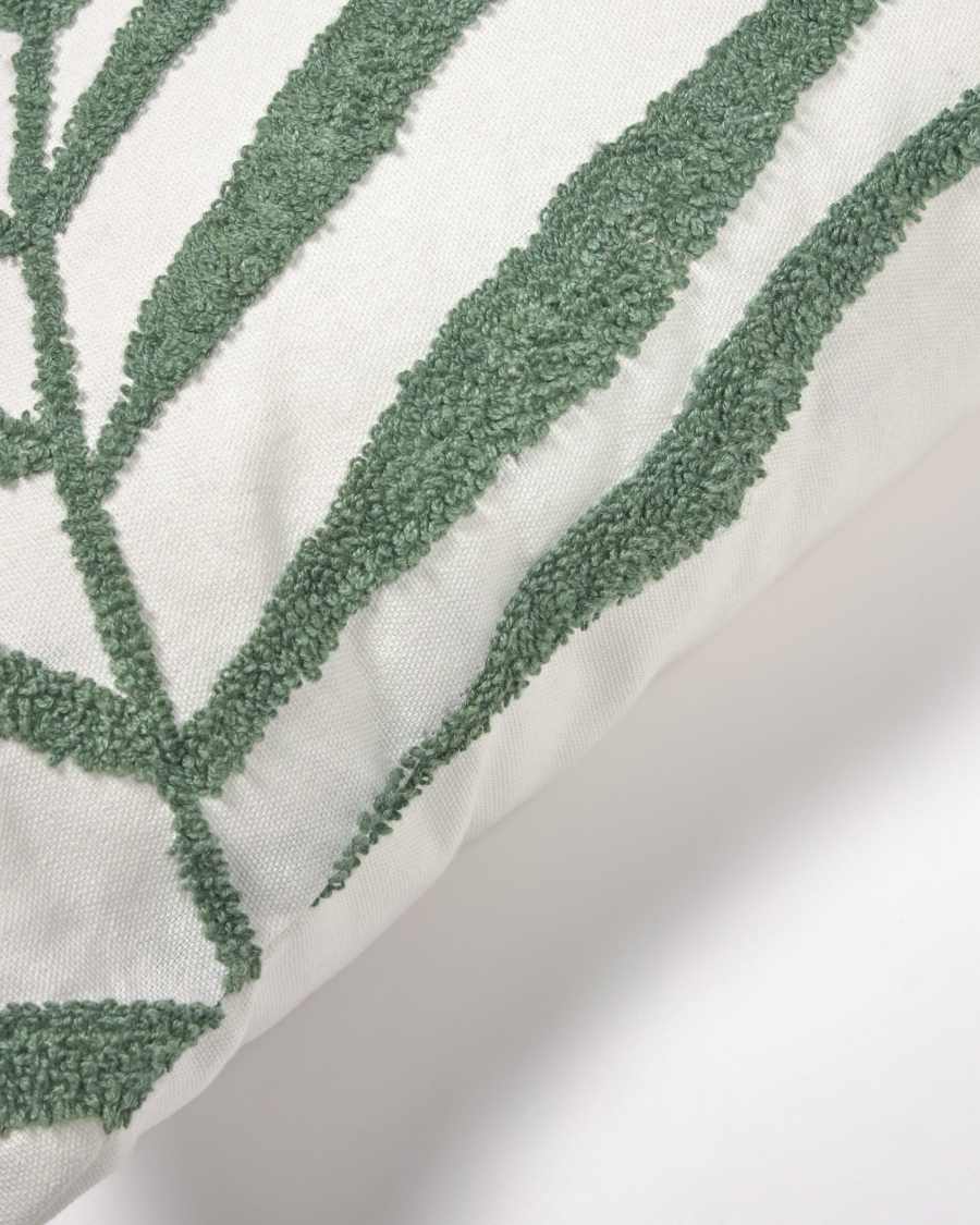 Amorela 100% cotton cushion cover with green embroidered leaf 45 x 45 cm