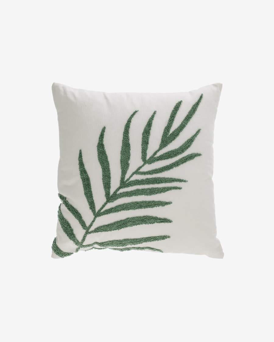 Amorela 100% cotton cushion cover with green embroidered leaf 45 x 45 cm