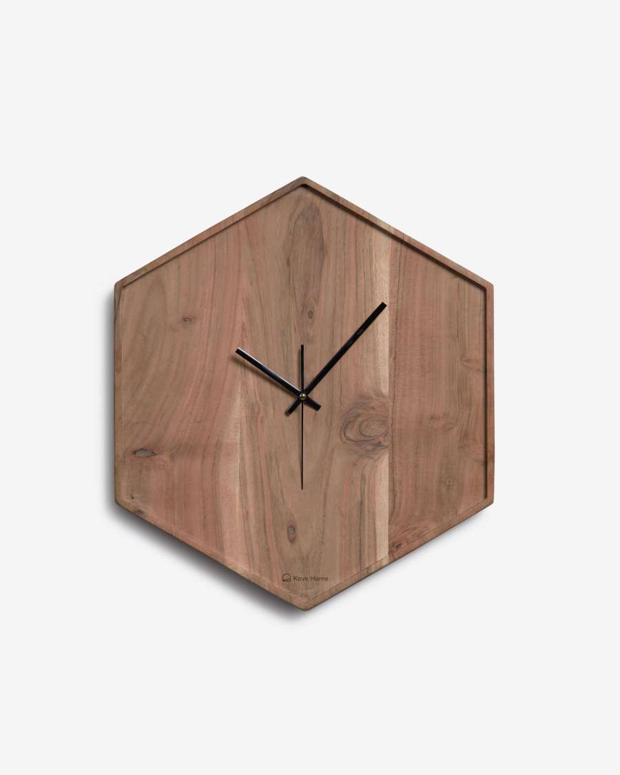 Zakie hexagonal wall clock in solid acacia wood with natural finish, 35,5 x 40,5 cm