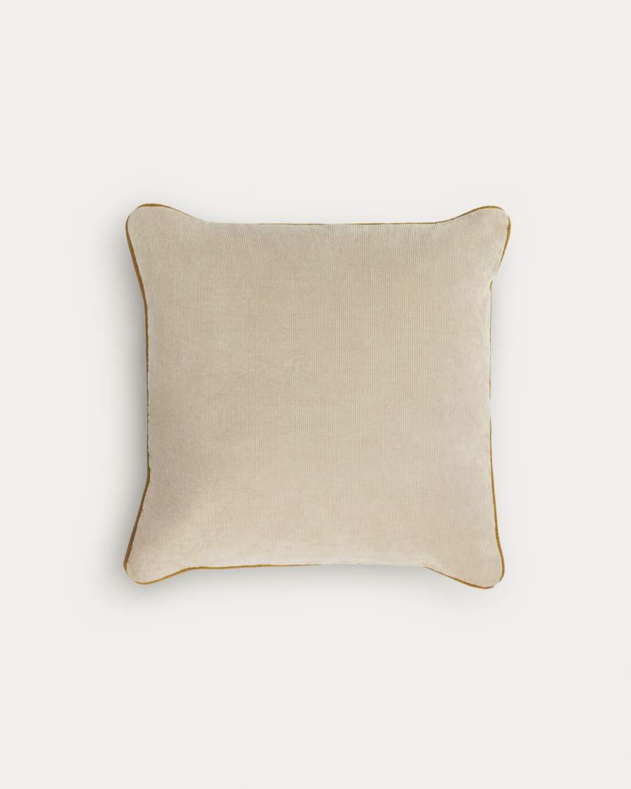 Housse de coussin Kelaia 100% coton velours côtelé beige avec liseré marron 45 x 45 cm