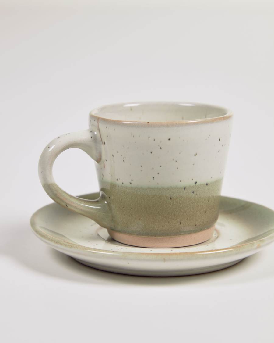 Taza de café con plato Elida de cerámica beige y verde