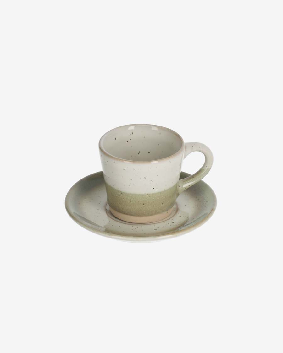 Taza de café con plato Elida de cerámica beige y verde