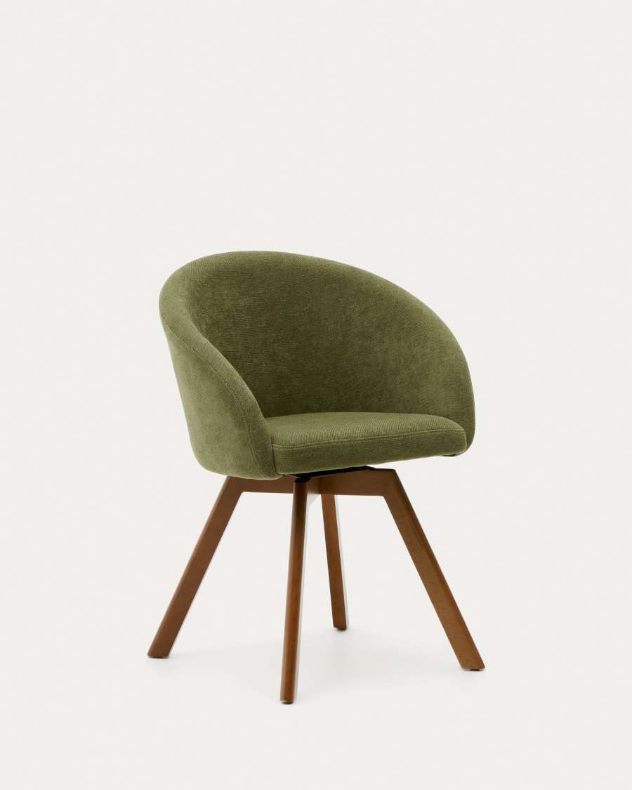 Chaise giratoire Marvin en chenille verte et pieds en bois de chêne finition noyer FSC 100%