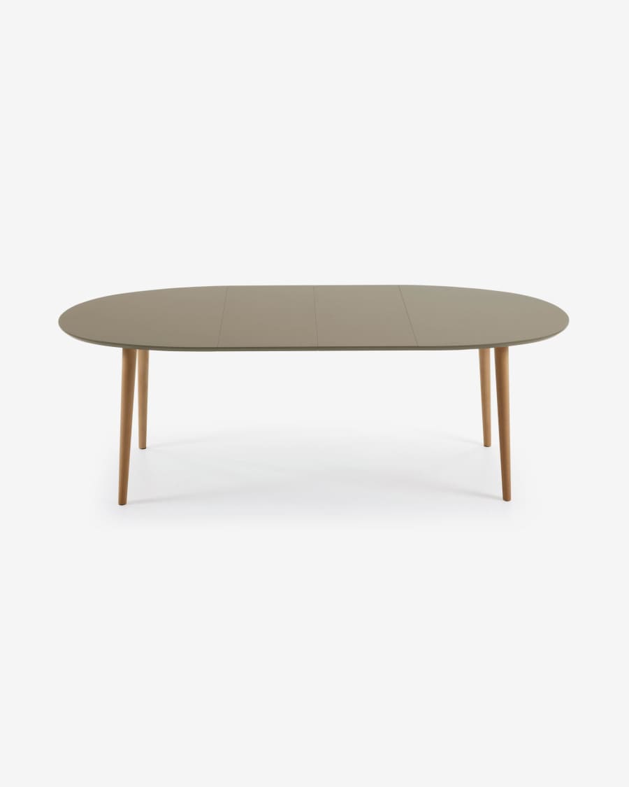Oqui oval extendable MDF table with brown lacquer and solid beech legs 140 (220) x 90 cm