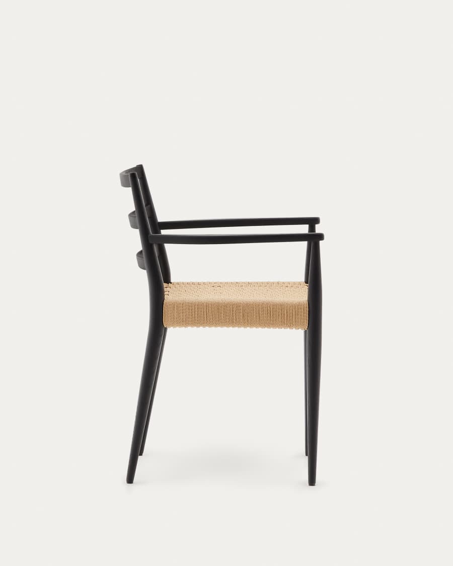 Analy chair with armrests in solid oak wood in a black finish and rope cord seat FSC 100%
