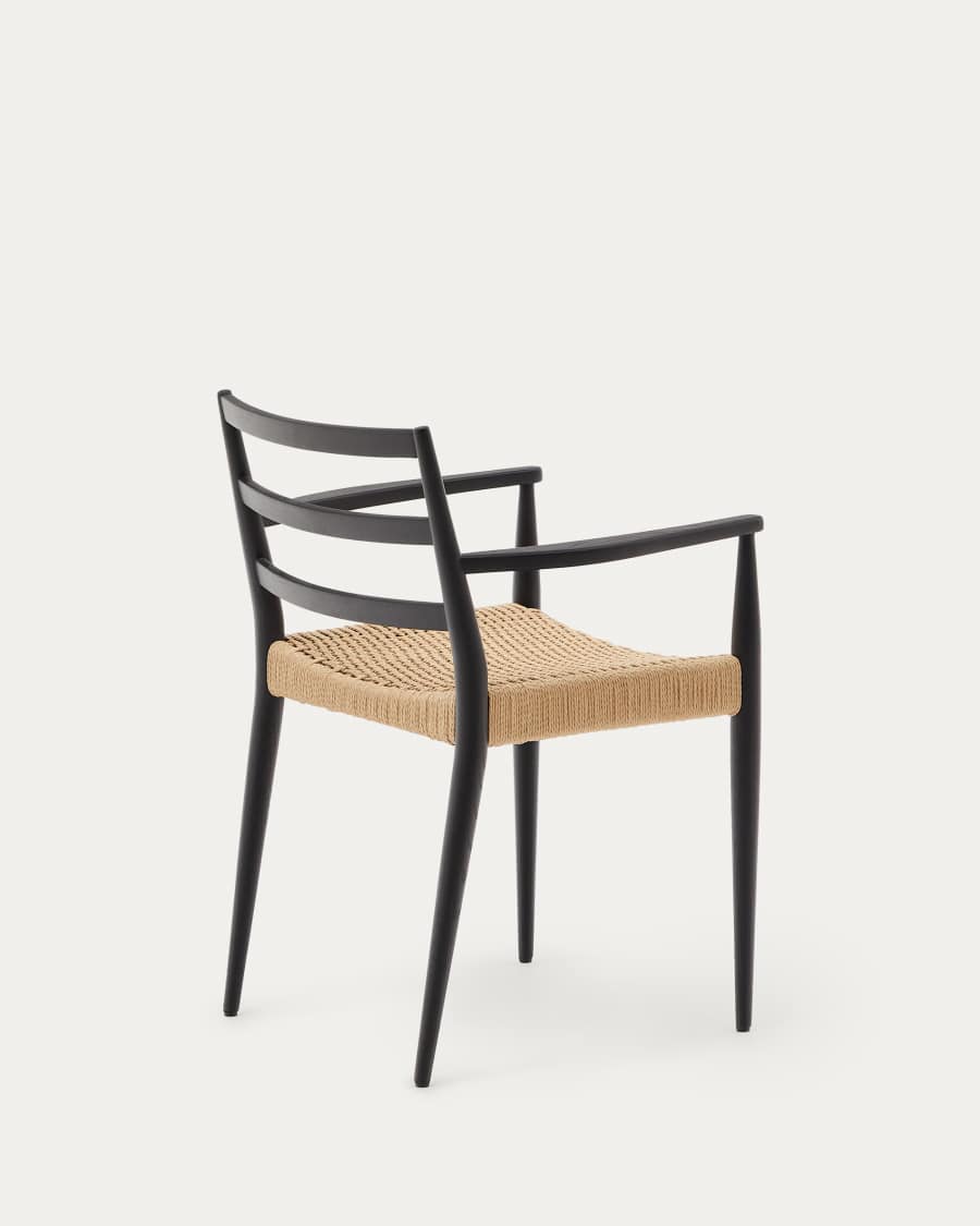Analy chair with armrests in solid oak wood in a black finish and rope cord seat FSC 100%
