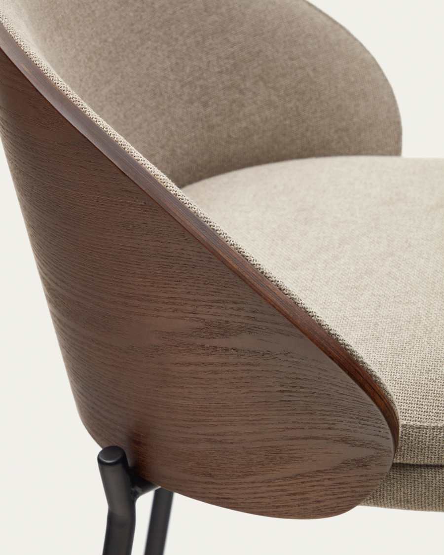 Eamy stool light brown chenille and ash wood veneer with a wenge finish and black metal, 77 cm