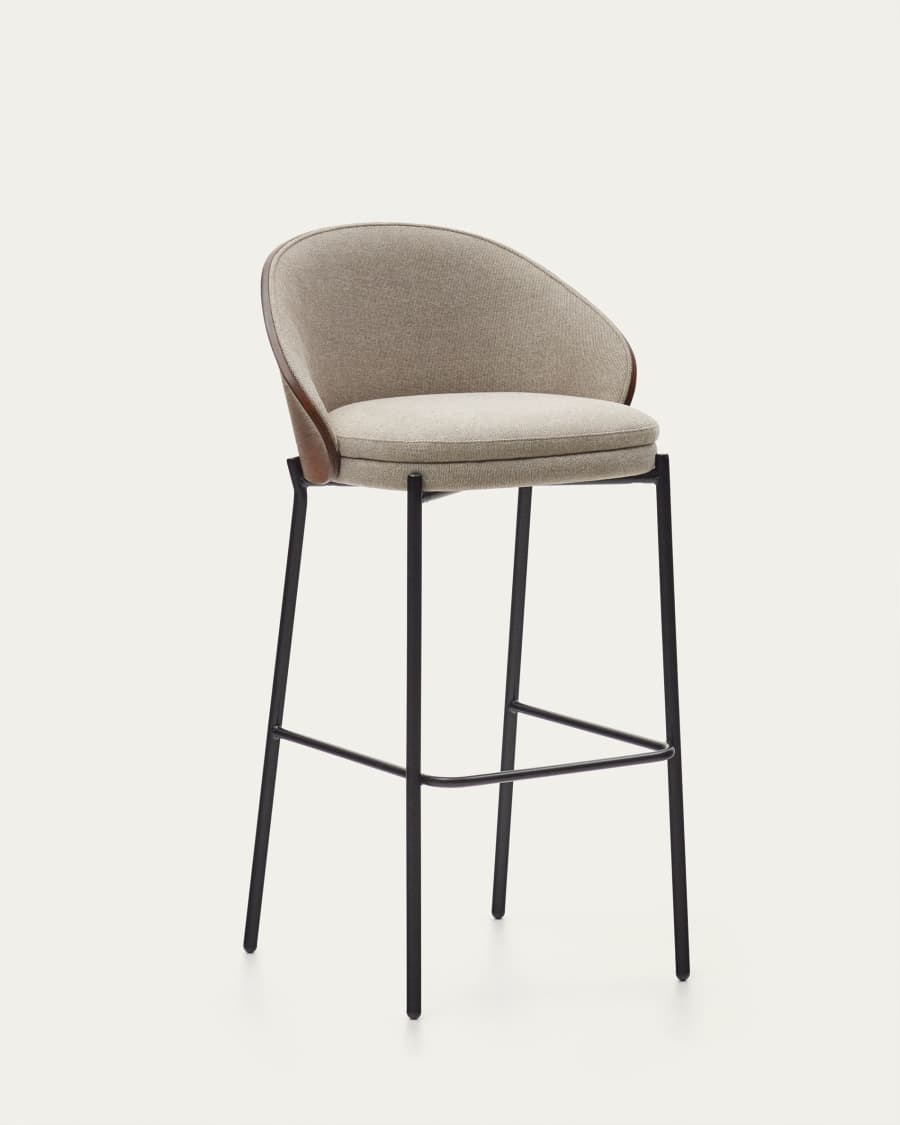 Eamy stool light brown chenille and ash wood veneer with a wenge finish and black metal, 77 cm