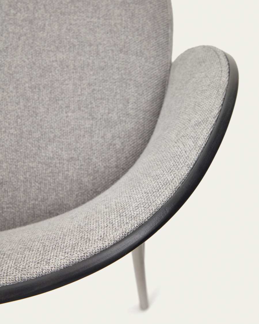 Eamy stool light grey chenille and ash wood veneer with a black finish and black metal, 77 cm