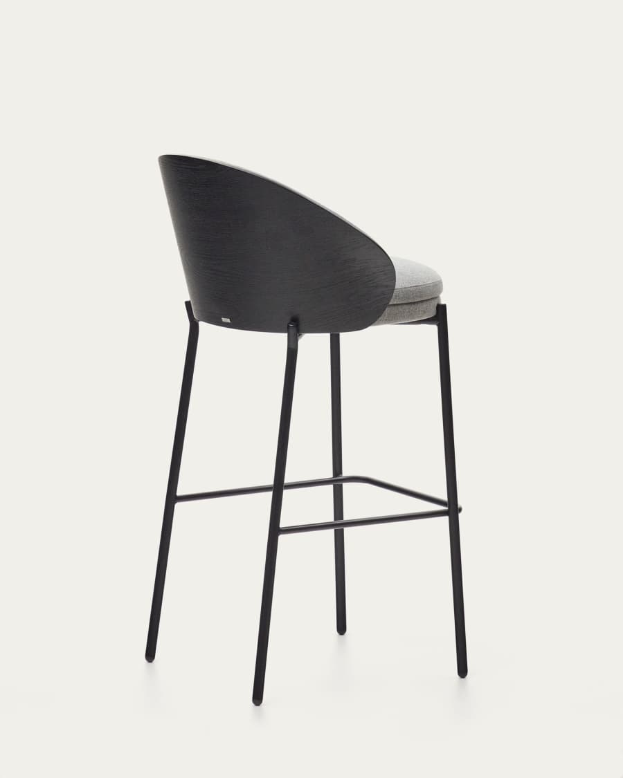 Eamy stool light grey chenille and ash wood veneer with a black finish and black metal, 77 cm