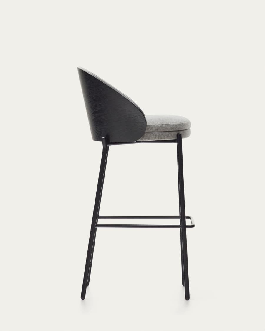 Eamy stool light grey chenille and ash wood veneer with a black finish and black metal, 77 cm