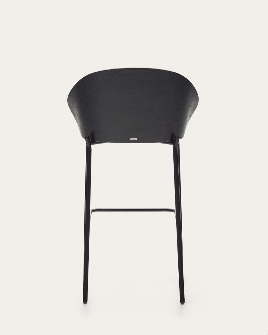Eamy stool light grey chenille and ash wood veneer with a black finish and black metal, 77 cm