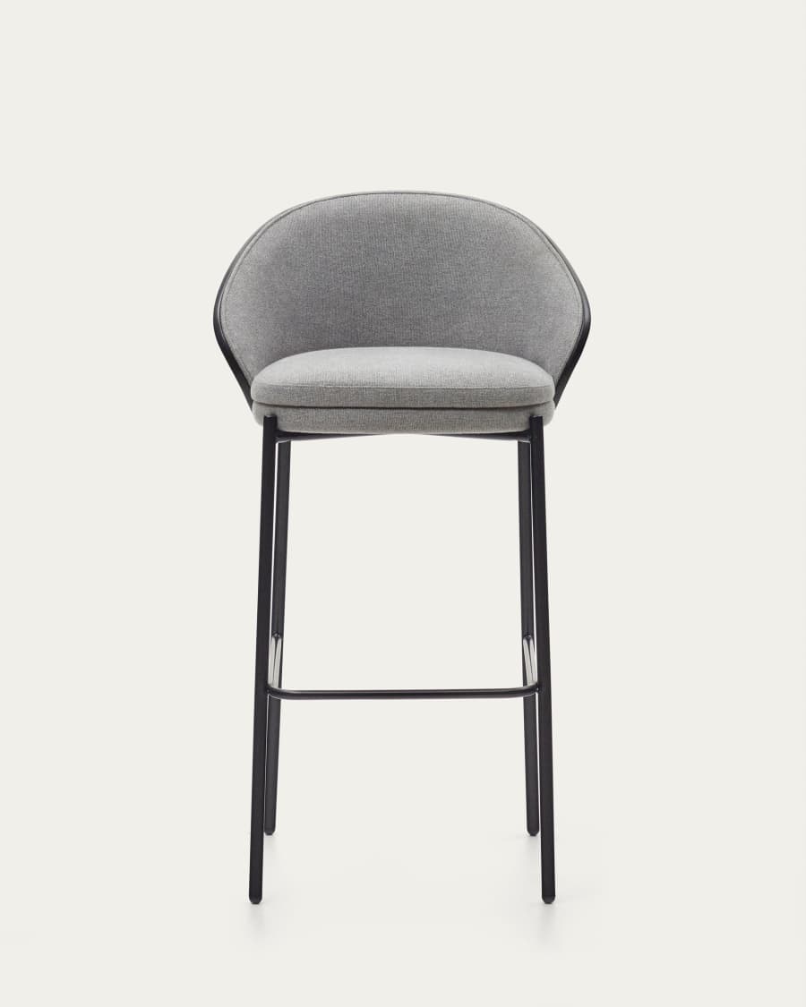 Eamy stool light grey chenille and ash wood veneer with a black finish and black metal, 77 cm