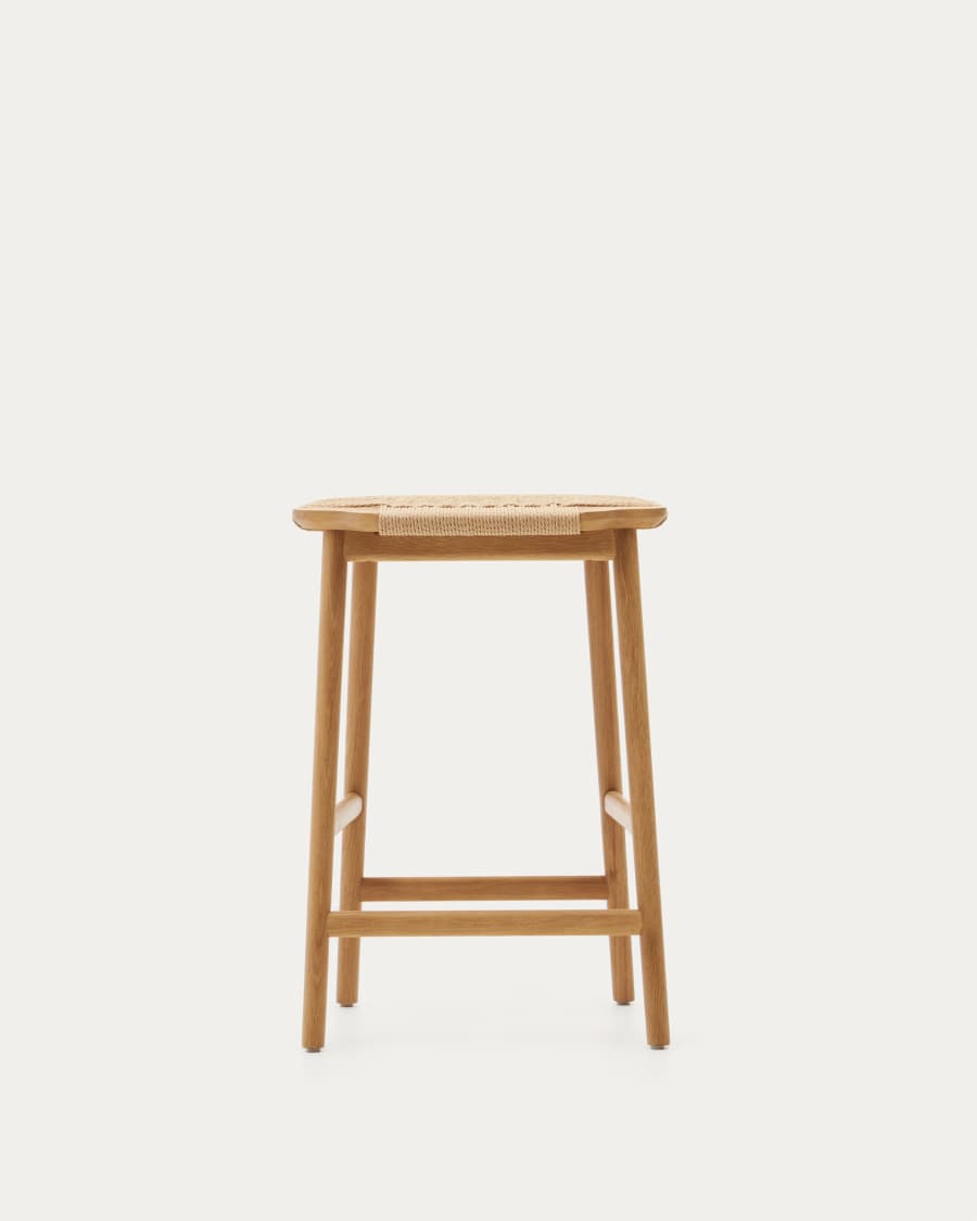 Enit stool made of beige paper cord and solid oak wood with natural finish, 65cm FSC Mix Credit