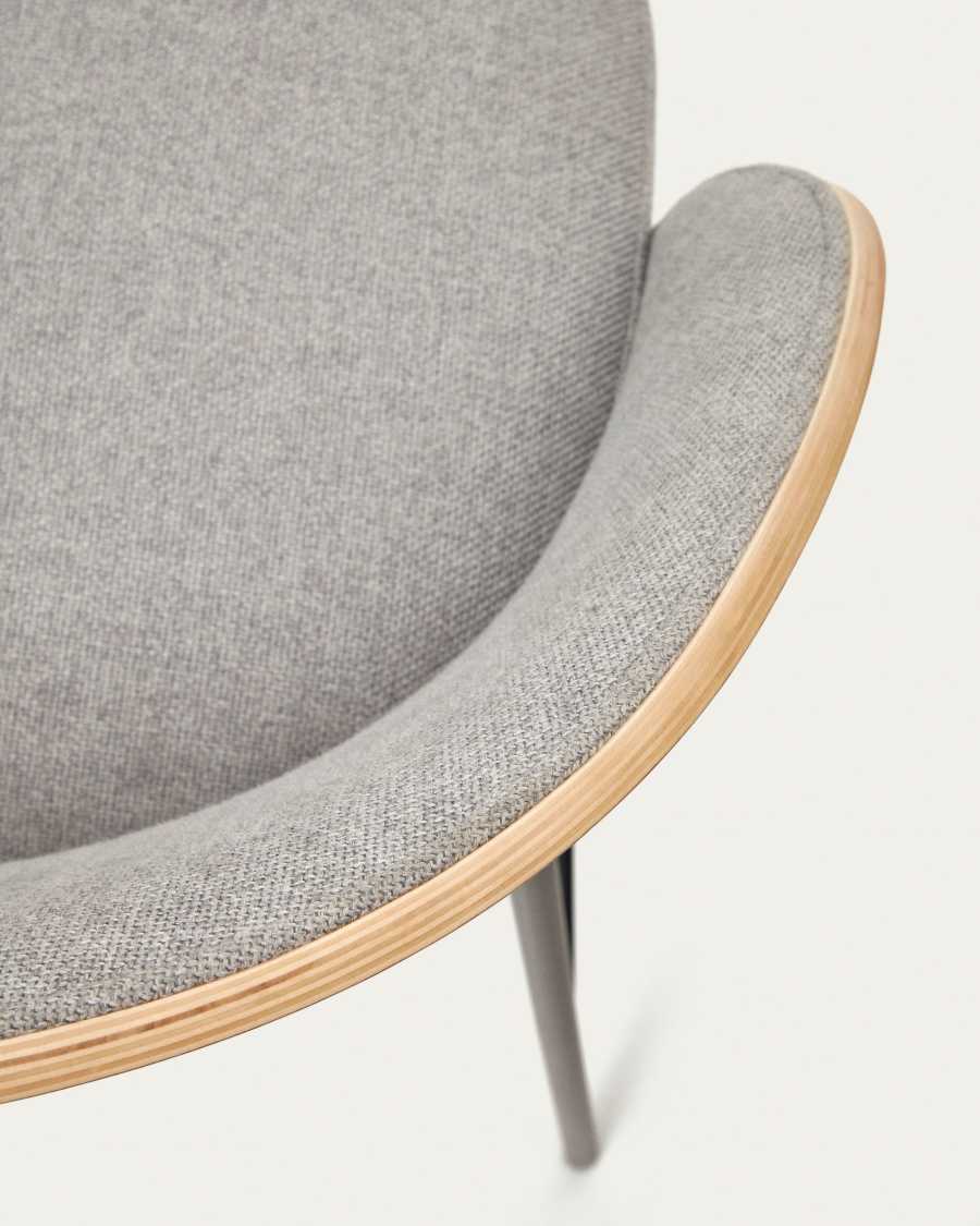 Eamy stool  light grey chenille and ash wood veneer with a natural finish and black metal, 65 cm