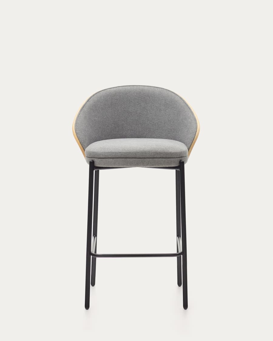 Eamy stool  light grey chenille and ash wood veneer with a natural finish and black metal, 65 cm