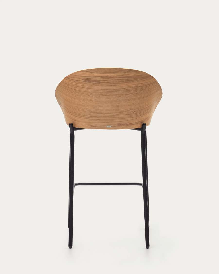 Eamy stool  light grey chenille and ash wood veneer with a natural finish and black metal, 65 cm
