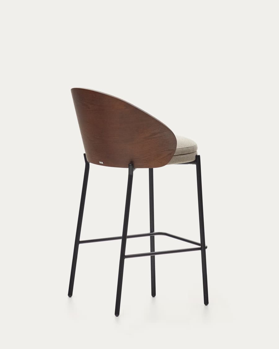 Eamy stool light brown chenille and ash wood veneer with a walnut finish and black metal, 65 cm