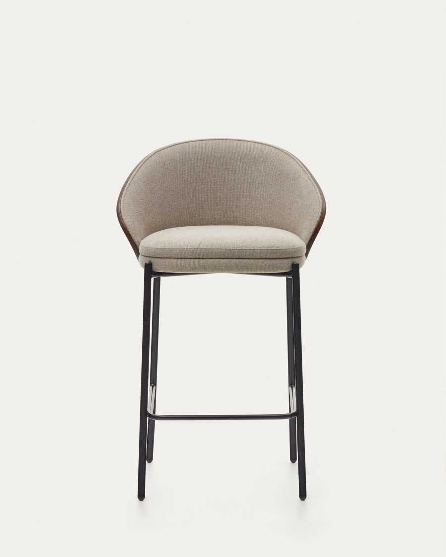 Eamy stool light brown chenille and ash wood veneer with a walnut finish and black metal, 65 cm