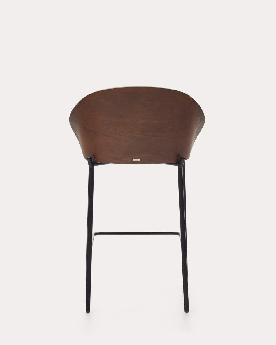 Eamy stool light brown chenille and ash wood veneer with a walnut finish and black metal, 65 cm