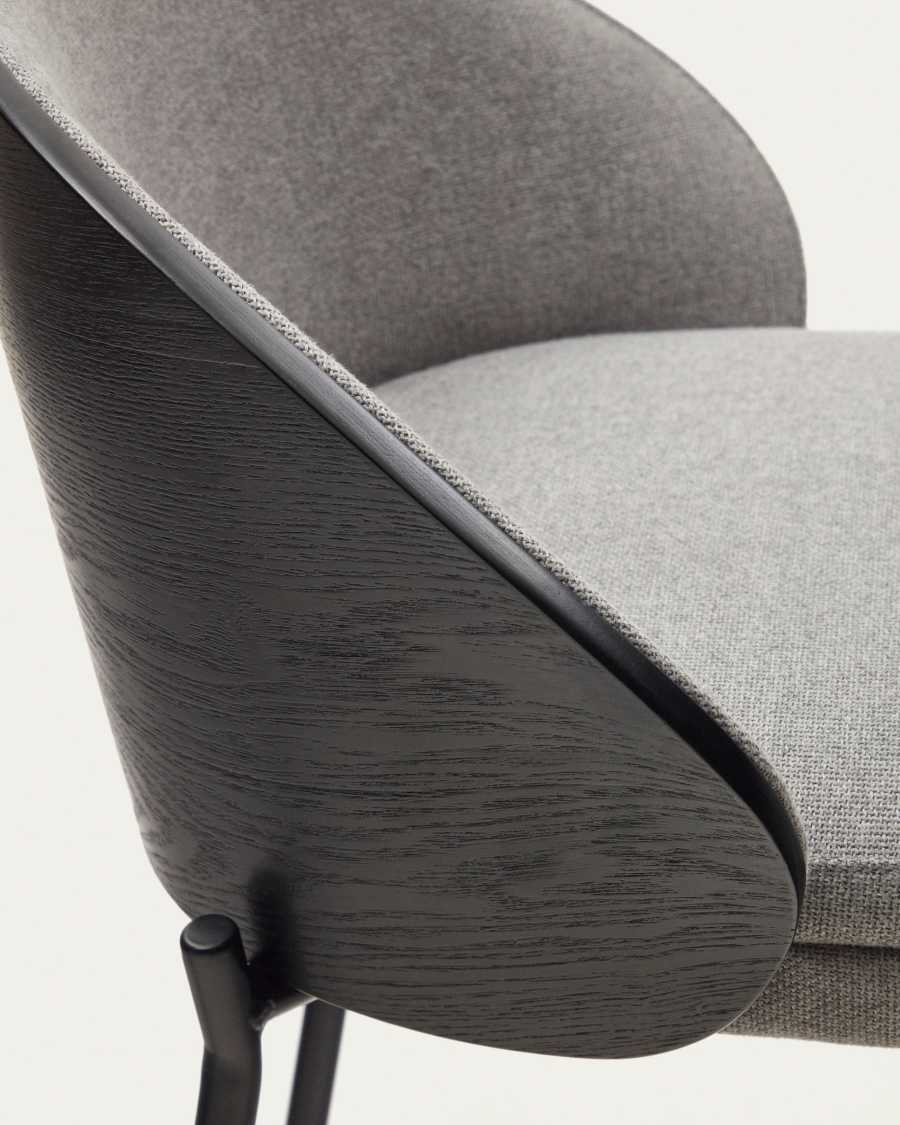 Eamy stool light grey chenille and ash wood veneer with a black finish and black metal, 65 cm