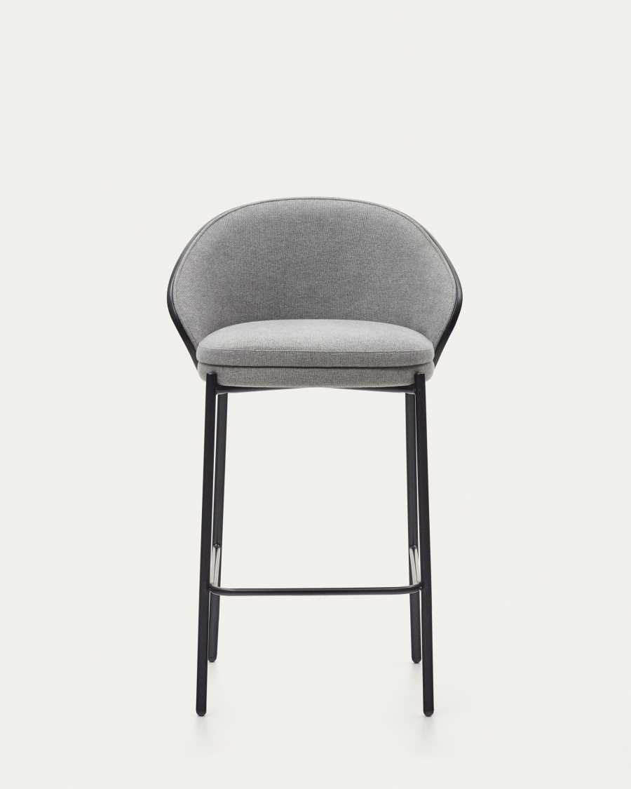 Eamy stool light grey chenille and ash wood veneer with a black finish and black metal, 65 cm