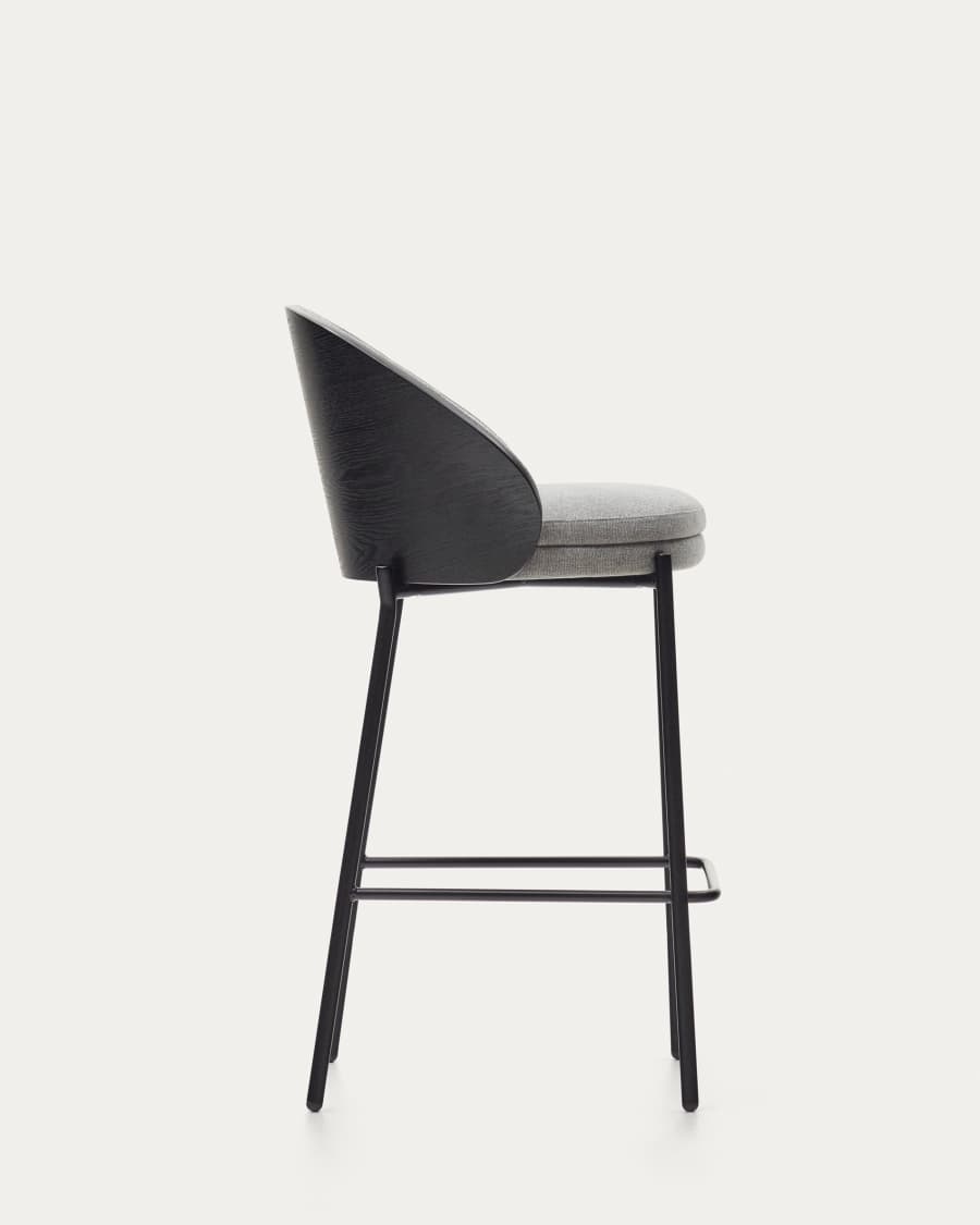 Eamy stool light grey chenille and ash wood veneer with a black finish and black metal, 65 cm