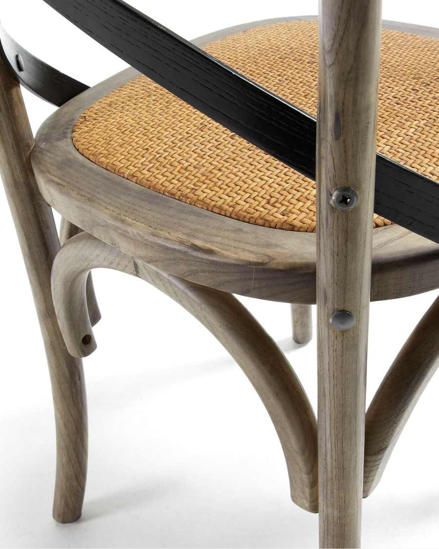 Alsie chair in solid birch wood with brown lacquer and rattan seat
