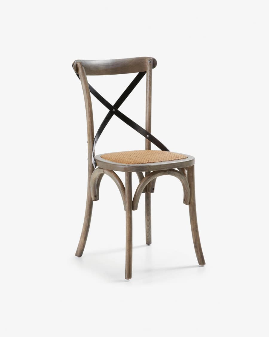 Alsie chair in solid birch wood with brown lacquer and rattan seat