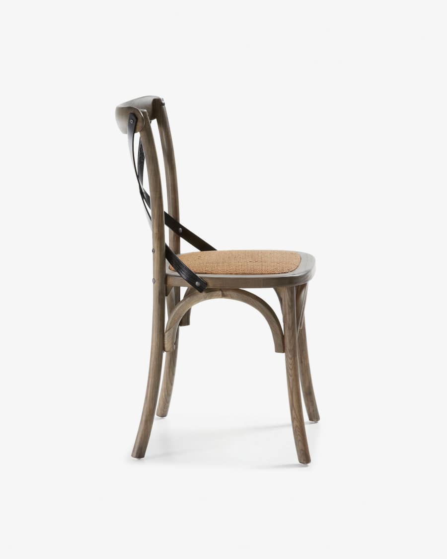 Alsie chair in solid birch wood with brown lacquer and rattan seat
