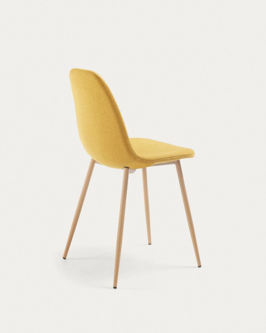 Chaise Yaren jaune moutarde et pieds en acier effet bois
