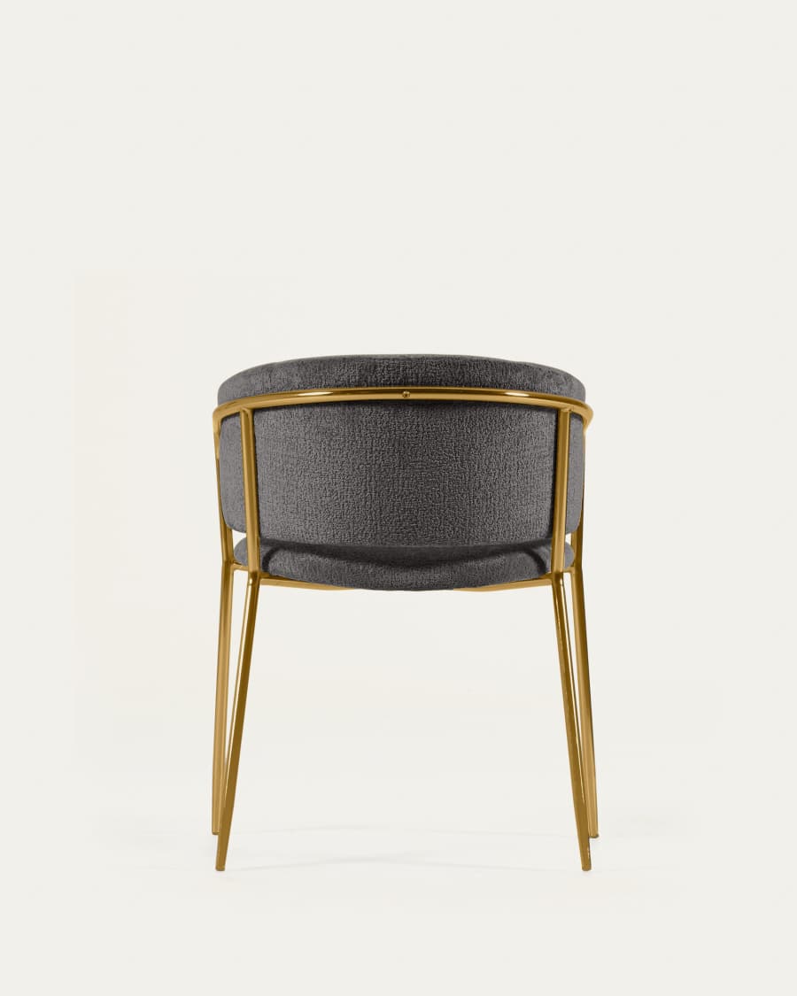 Chaise Runnie en chenille gris foncé avec pieds en acier finition dorée