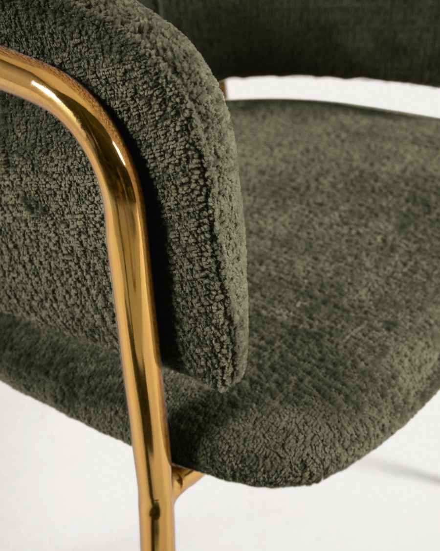 Chaise Runnie en chenille vert foncé avec pieds en acier finition dorée