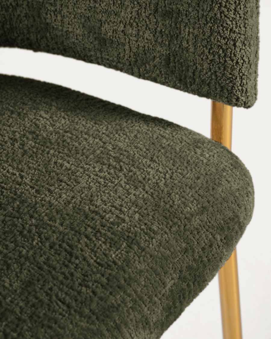 Chaise Runnie en chenille vert foncé avec pieds en acier finition dorée