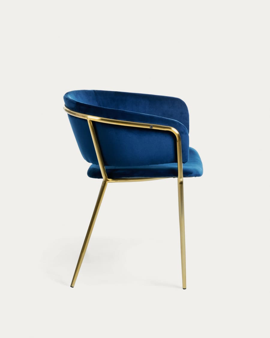 Sedia Runnie in velluto blu con gambe in acciaio verniciate oro