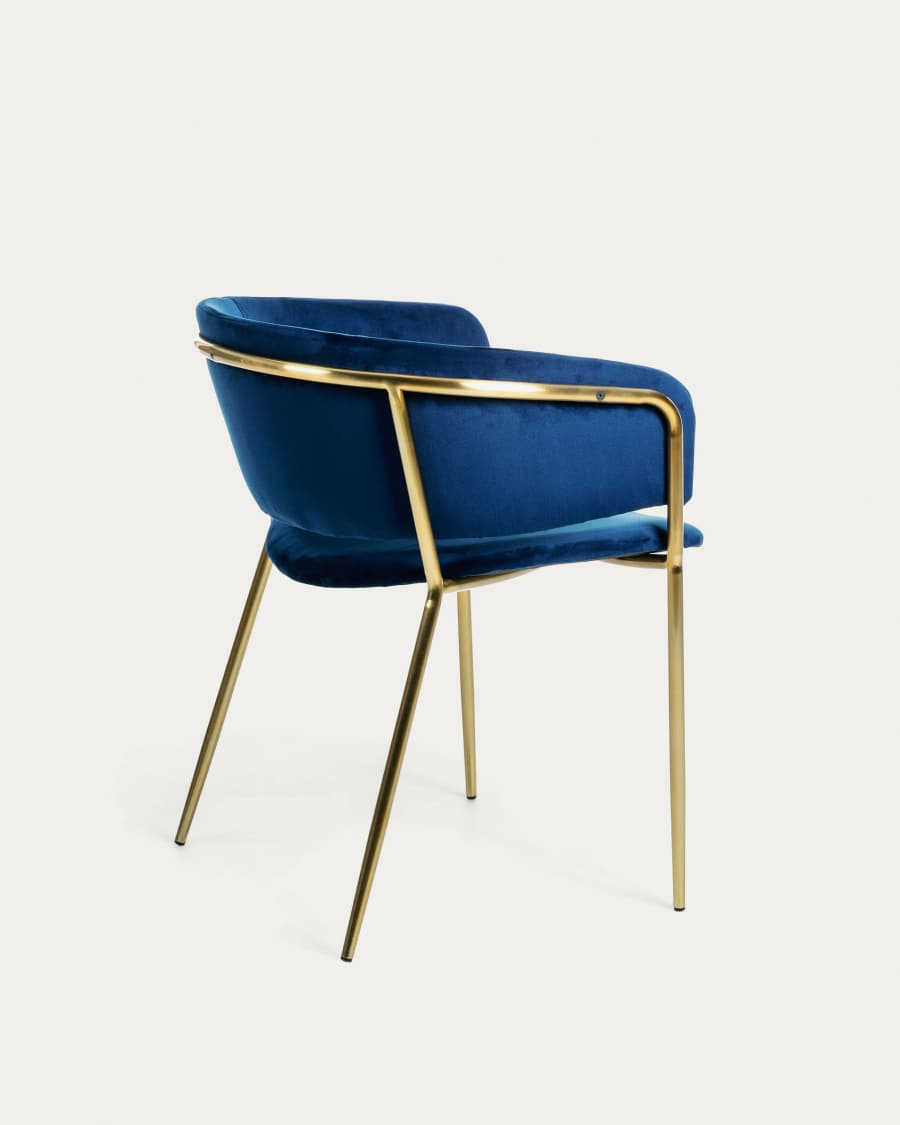 Sedia Runnie in velluto blu con gambe in acciaio verniciate oro