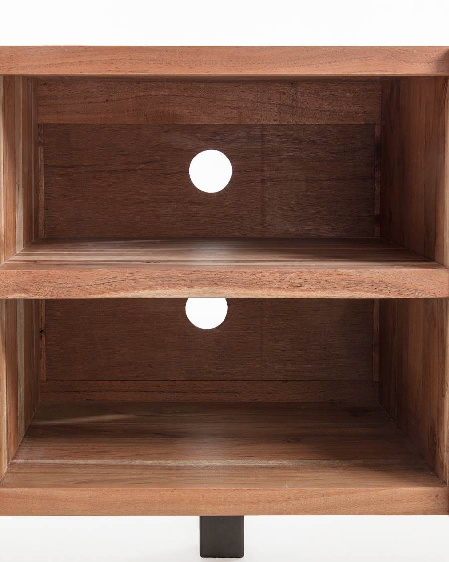 Uxia solid acacia wood TV stand with 2 doors and black finish steel, 160 x 65 cm