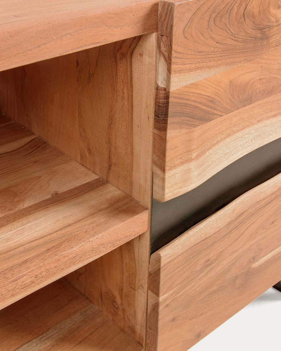 Uxia solid acacia wood TV stand with 2 doors and black finish steel, 160 x 65 cm