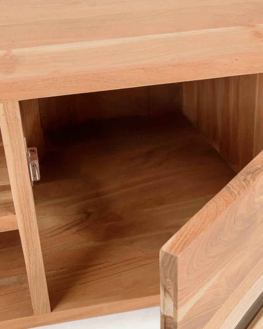 Uxia solid acacia wood TV stand with 2 doors and black finish steel, 160 x 65 cm