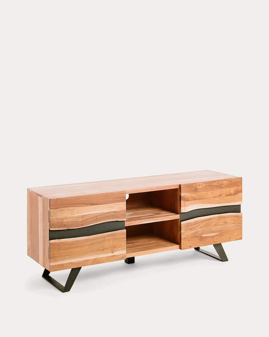 Uxia solid acacia wood TV stand with 2 doors and black finish steel, 160 x 65 cm