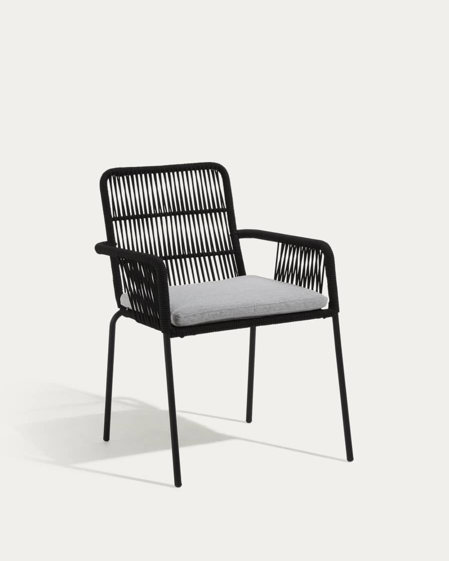 Samanta stackable chair made from black cord and galvanised steel legs.