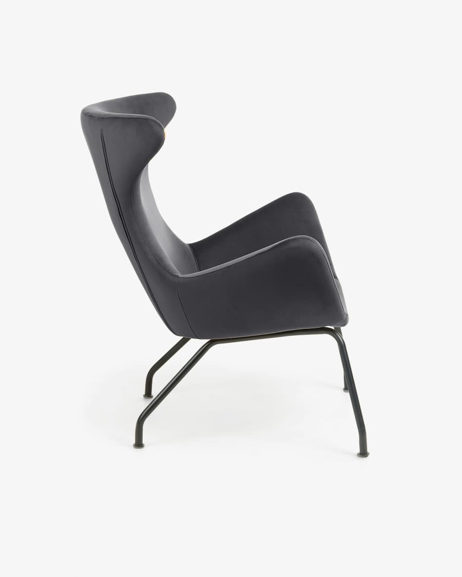 Chleo velvet armchair in grey with legs in a black finish.