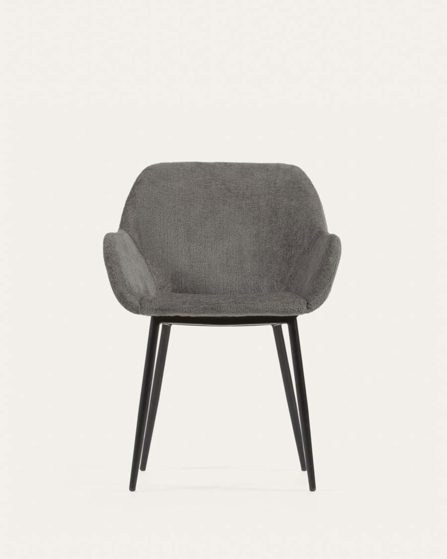 Konna Stuhl aus dunkelgrauer Chenille mit schwarz lackierten Stahlbeinen