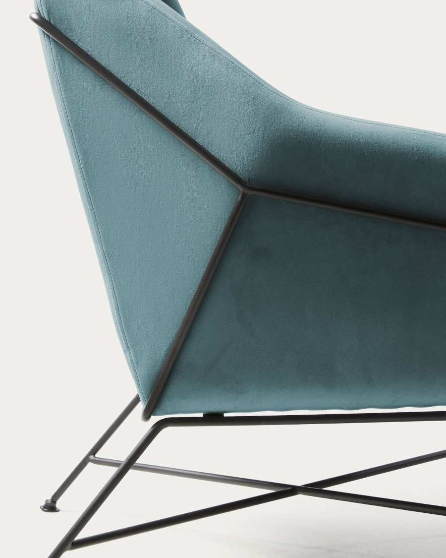 Brida velvet armchair in turquoise with steel structure in black finish.